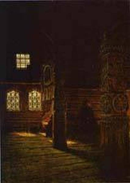 Interior of the wooden church of st peter and st paul in puchug study 1894 xx the russian museum st petersburg russia